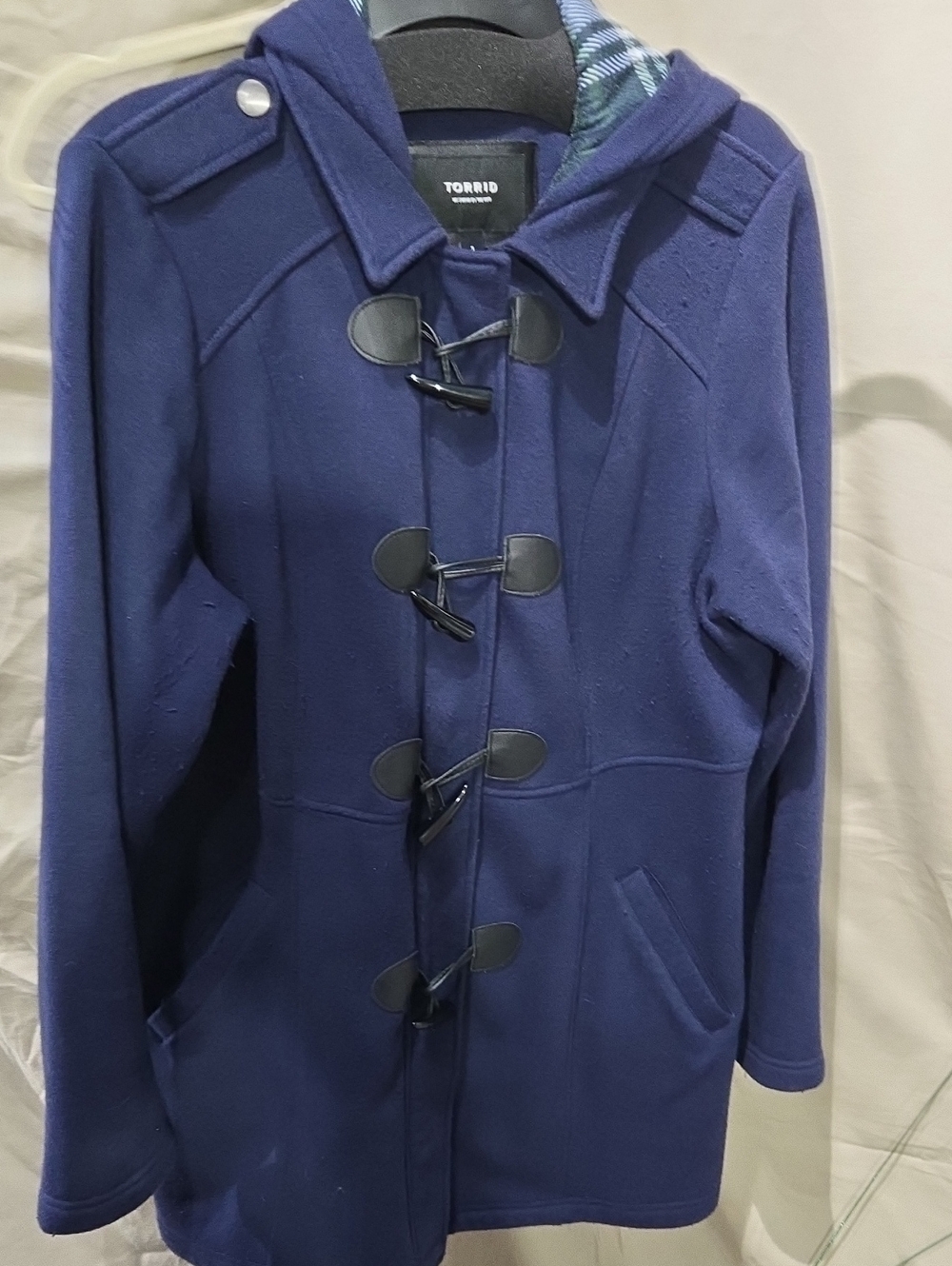 torrid navy hooded duffle coat with toggle closures